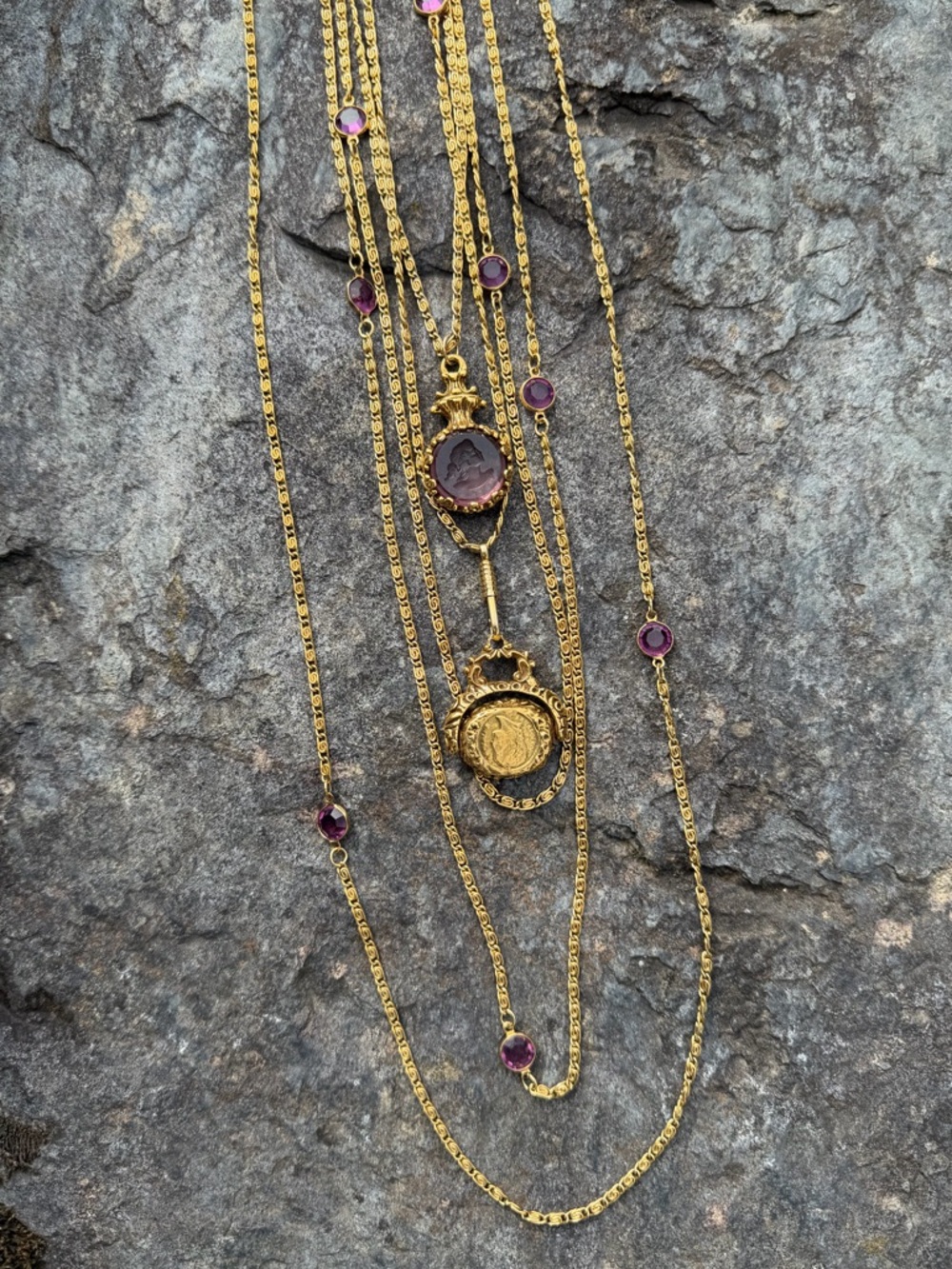 Vintage Goldette 5 Strand Gold Necklace Purple Glass Intaglio Cameo Pendant